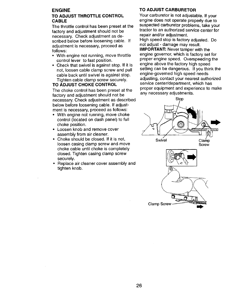 Engine, To adjust throttle control cable, To adjust carburetor | Craftsman 917.270751 User Manual | Page 26 / 60