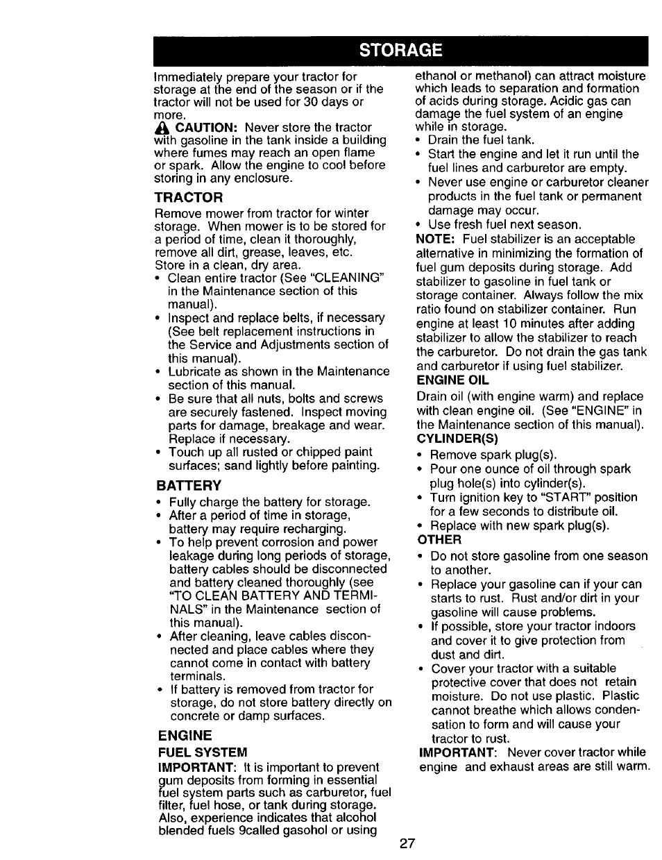 Storage, Tractor, Battery | Craftsman 917.270751 User Manual | Page 27 / 60
