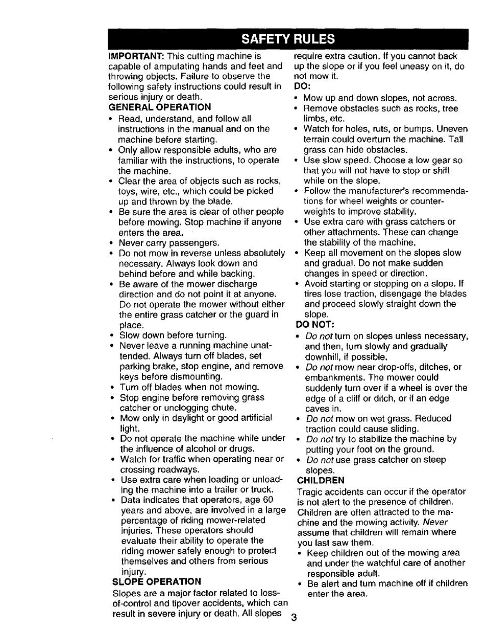 General operation, Slope operation, Do not | Children, Safety rules | Craftsman 917.270751 User Manual | Page 3 / 60