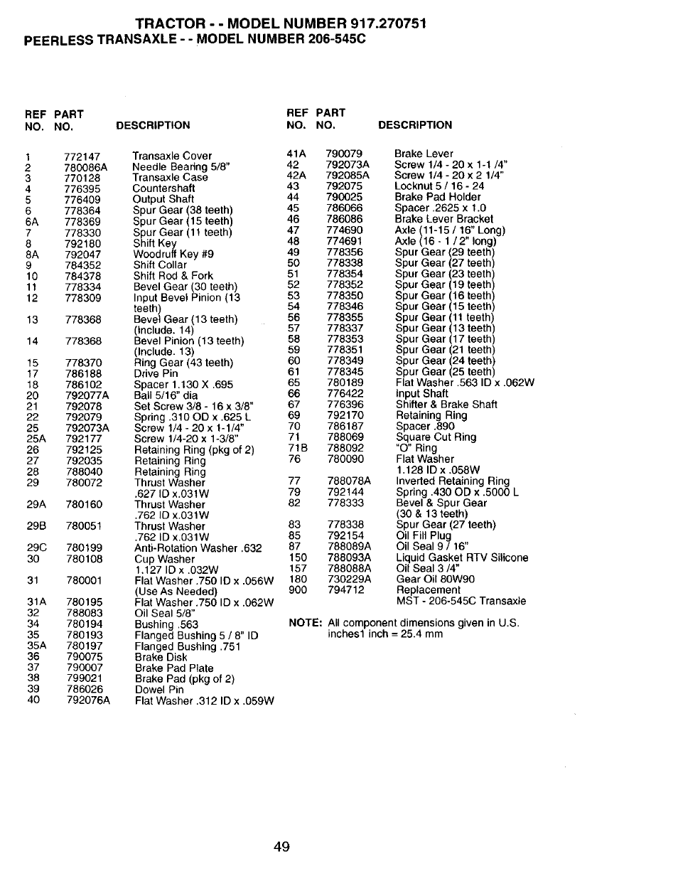 545c, Peerless transaxle - - model number | Craftsman 917.270751 User Manual | Page 49 / 60