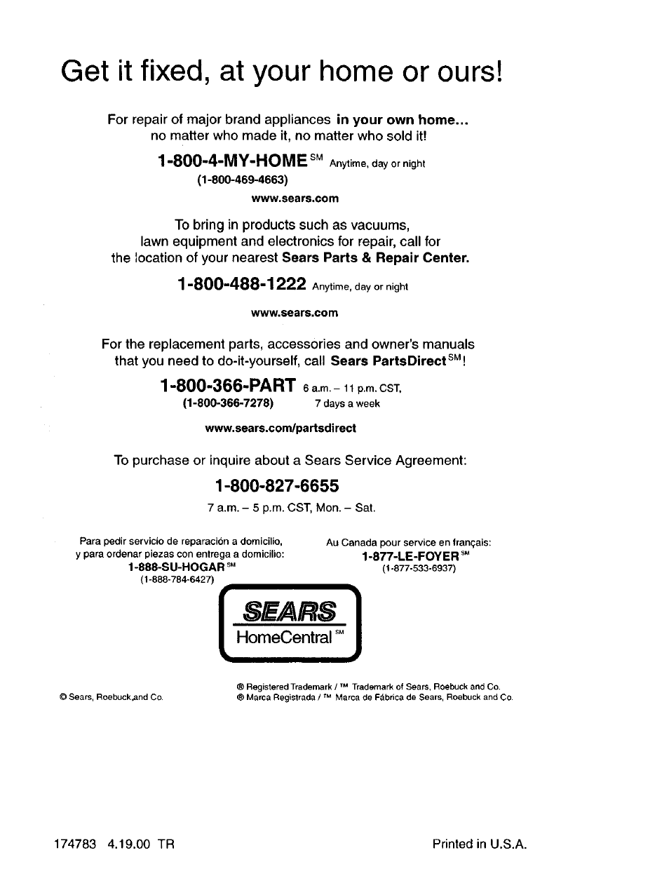 Homecentral, Get it fixed, at your home or ours, I “800"4”my"home | Craftsman 917.270751 User Manual | Page 60 / 60