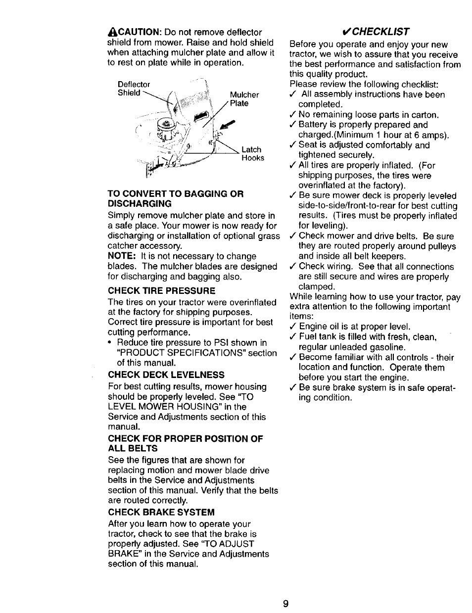 To convert to bagging or discharging, Check tire pressure, Check for proper position of all belts | Check brake system | Craftsman 917.270751 User Manual | Page 9 / 60