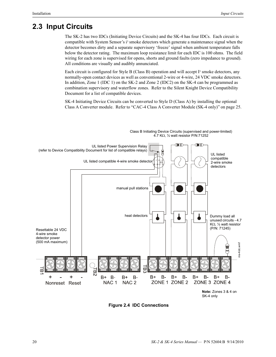 3 input circuits, Input circuits | SilentKnight SK-4 Conventional FACP 2 & 4 Zone User Manual | Page 20 / 56