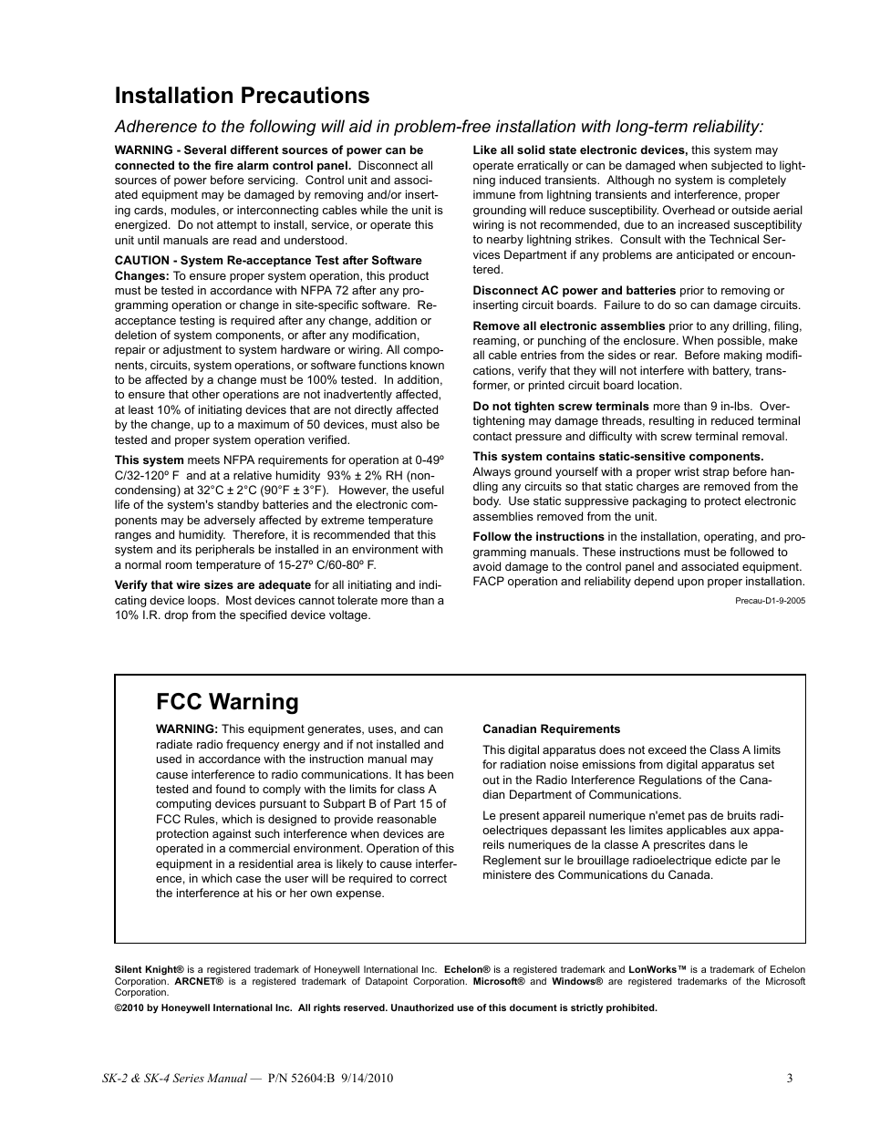 Installation precautions, Fcc warning | SilentKnight SK-4 Conventional FACP 2 & 4 Zone User Manual | Page 3 / 56