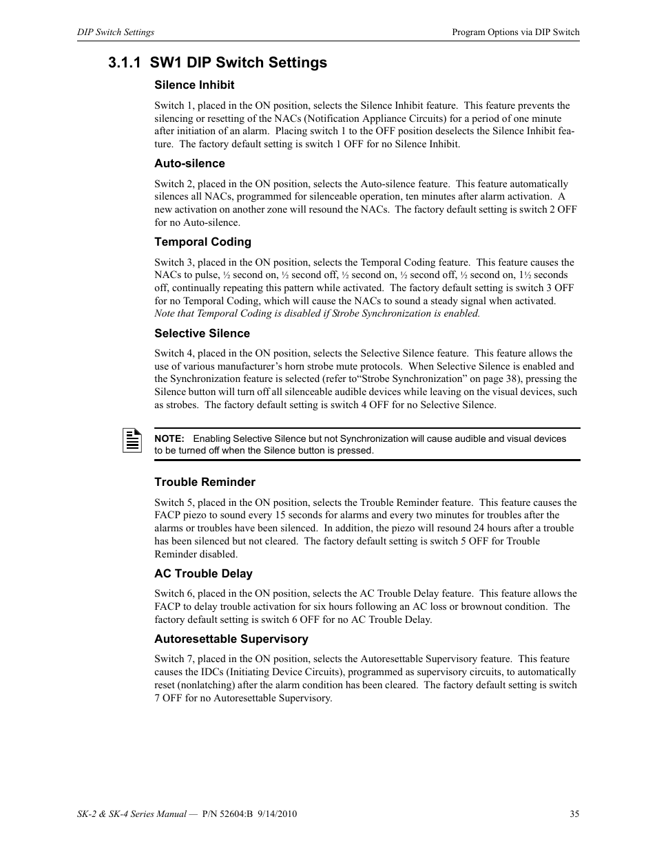 1 sw1 dip switch settings, Silence inhibit, Auto-silence | Temporal coding, Selective silence, Trouble reminder, Ac trouble delay, Autoresettable supervisory, Sw1 dip switch settings | SilentKnight SK-4 Conventional FACP 2 & 4 Zone User Manual | Page 35 / 56