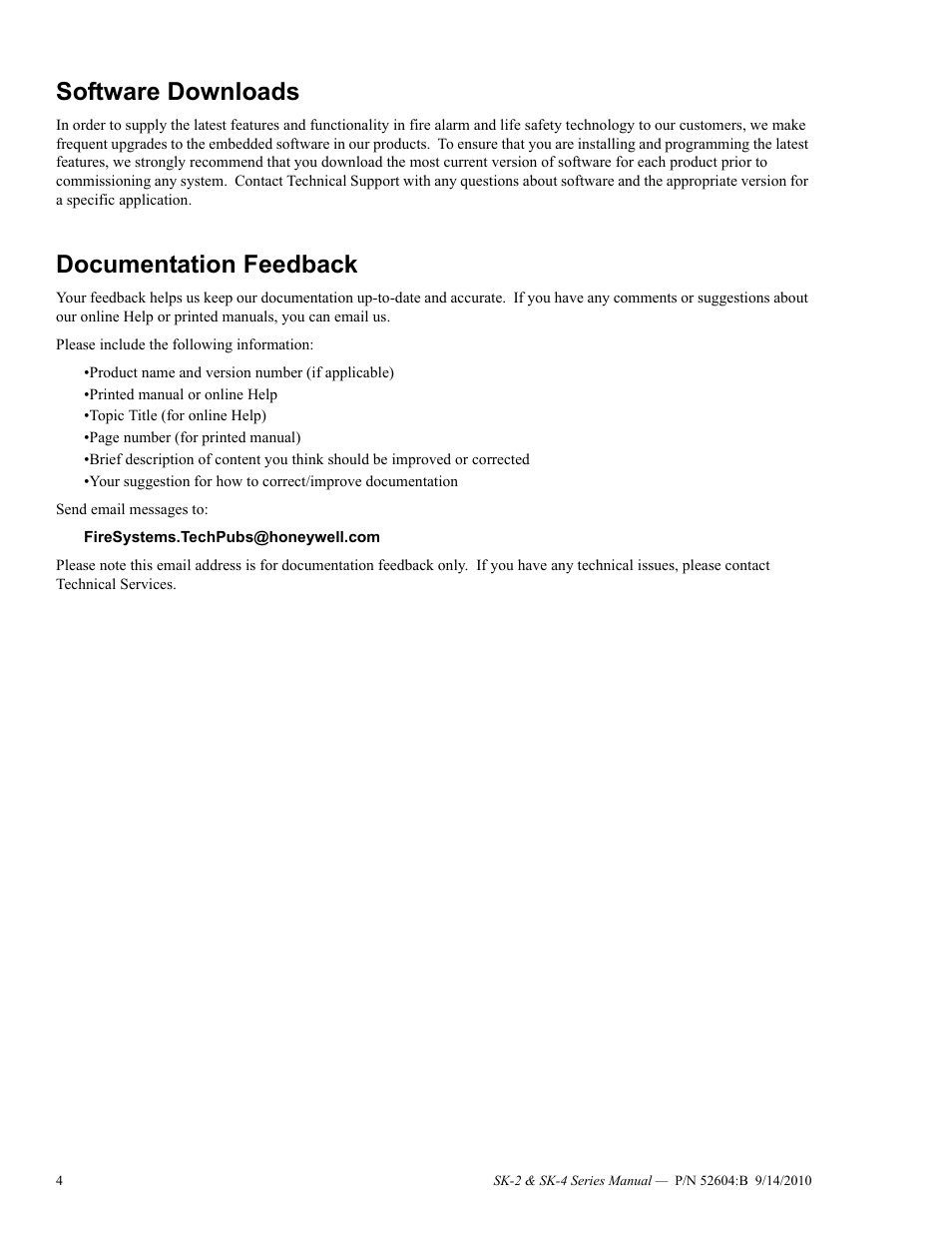 Software downloads, Documentation feedback | SilentKnight SK-4 Conventional FACP 2 & 4 Zone User Manual | Page 4 / 56