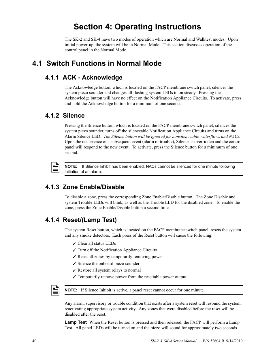 Section 4: operating instructions, 1 switch functions in normal mode, 1 ack - acknowledge | 2 silence, 3 zone enable/disable, 4 reset/(lamp test), Switch functions in normal mode | SilentKnight SK-4 Conventional FACP 2 & 4 Zone User Manual | Page 40 / 56
