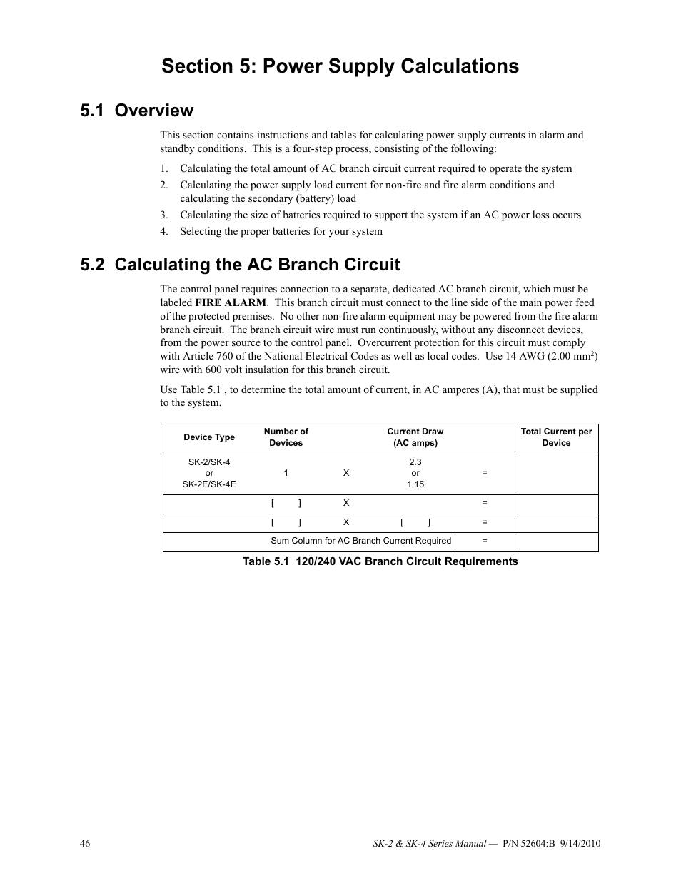 Section 5: power supply calculations, 1 overview, 2 calculating the ac branch circuit | Overview 5.2: calculating the ac branch circuit | SilentKnight SK-4 Conventional FACP 2 & 4 Zone User Manual | Page 46 / 56