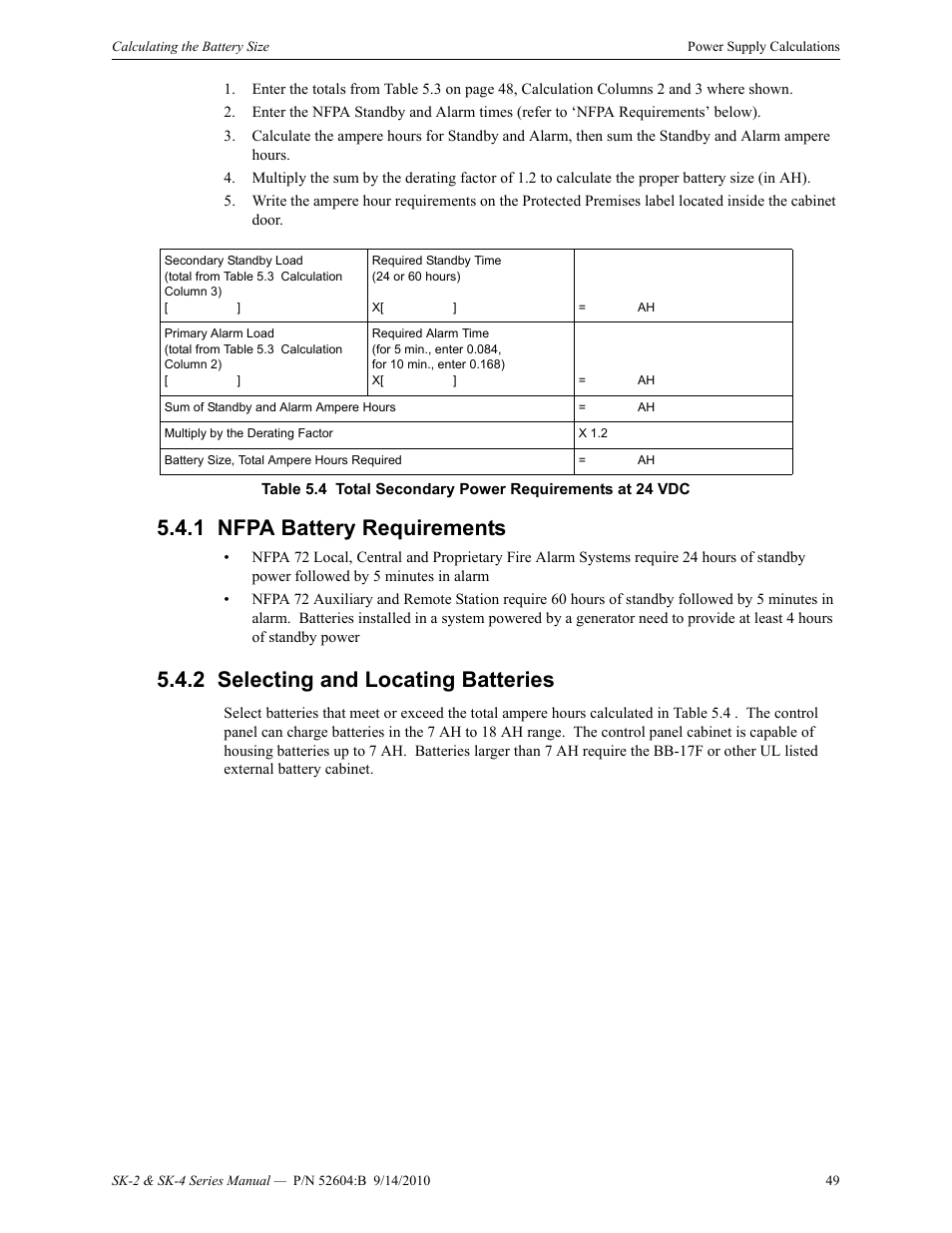1 nfpa battery requirements, 2 selecting and locating batteries, Use table 5.4 to | Table 5.4 | SilentKnight SK-4 Conventional FACP 2 & 4 Zone User Manual | Page 49 / 56