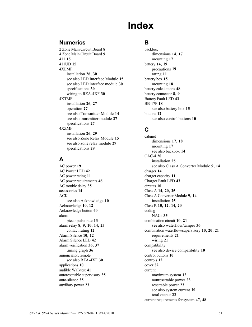 Index, Numerics | SilentKnight SK-4 Conventional FACP 2 & 4 Zone User Manual | Page 51 / 56