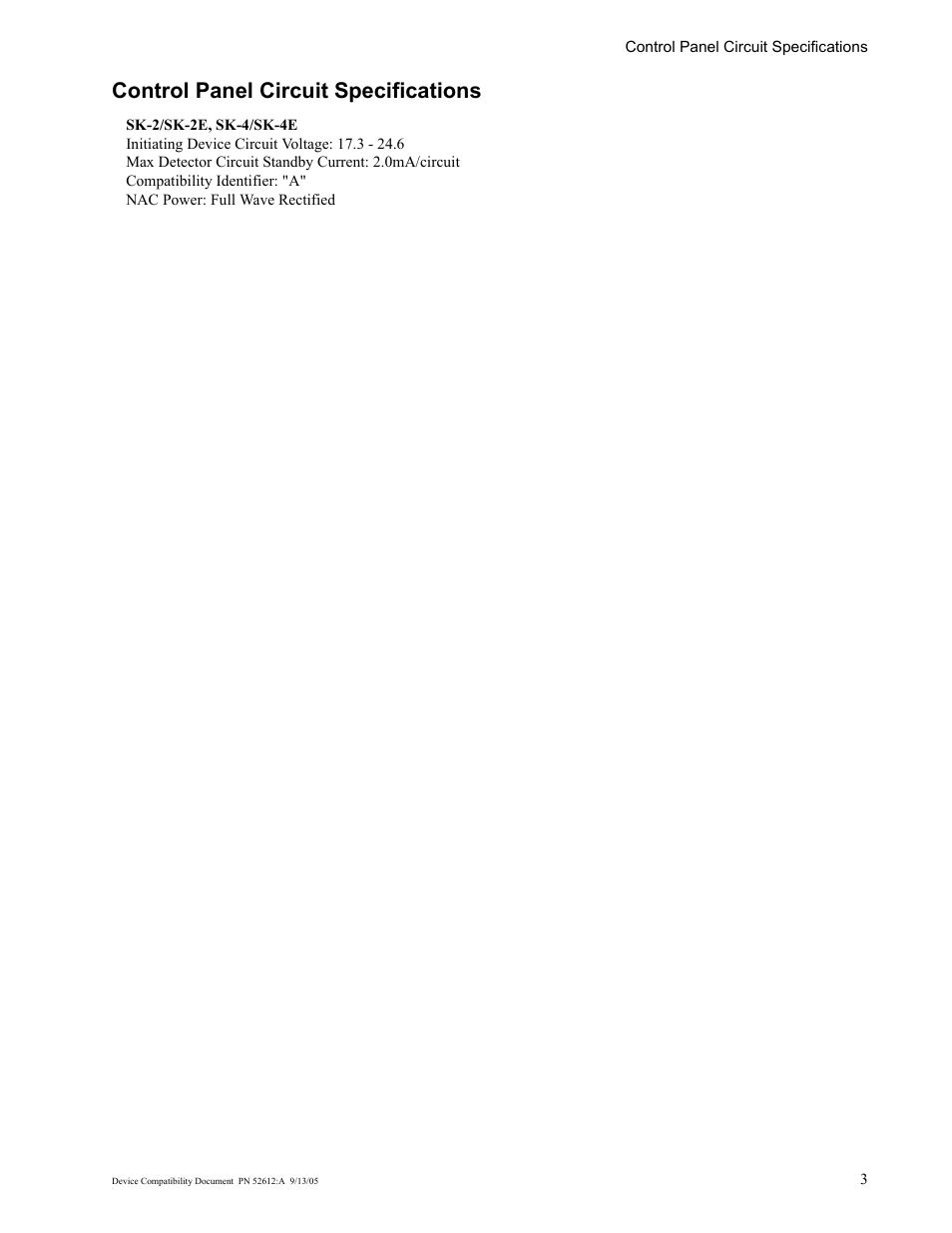 Control panel circuit specifications | SilentKnight SK-2 Device Compatiblity User Manual | Page 3 / 16