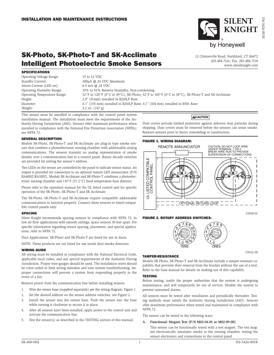 SilentKnight SK-Acclimate / SK-Photo / SK-Photo-T Addressable Photoelectric Smoke Detector w/Thermal User Manual | 2 pages