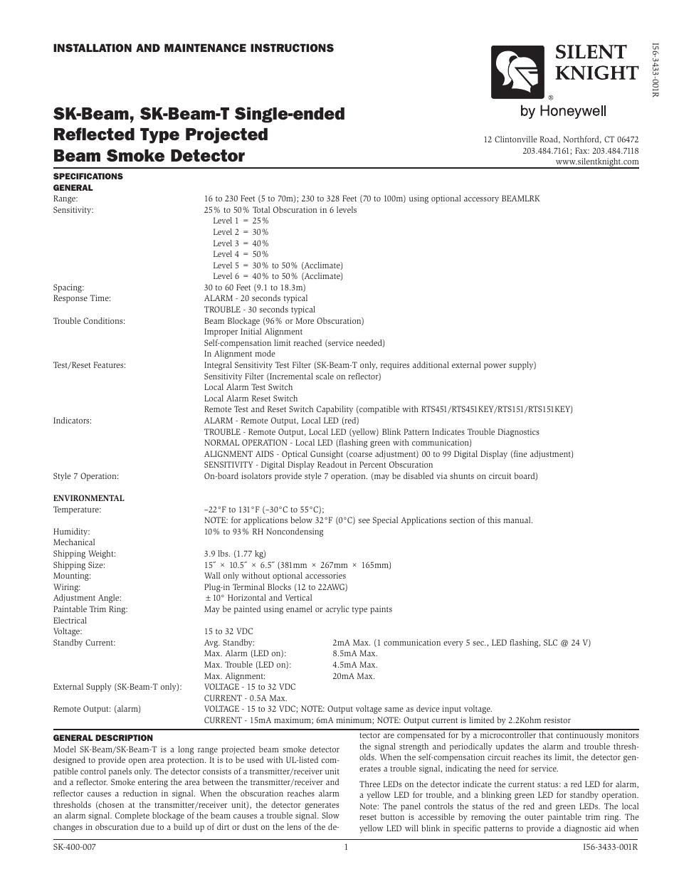 SilentKnight SK-Beam / SK-Beam-T Addressable Beam Smoke Detector w/Test User Manual | 15 pages