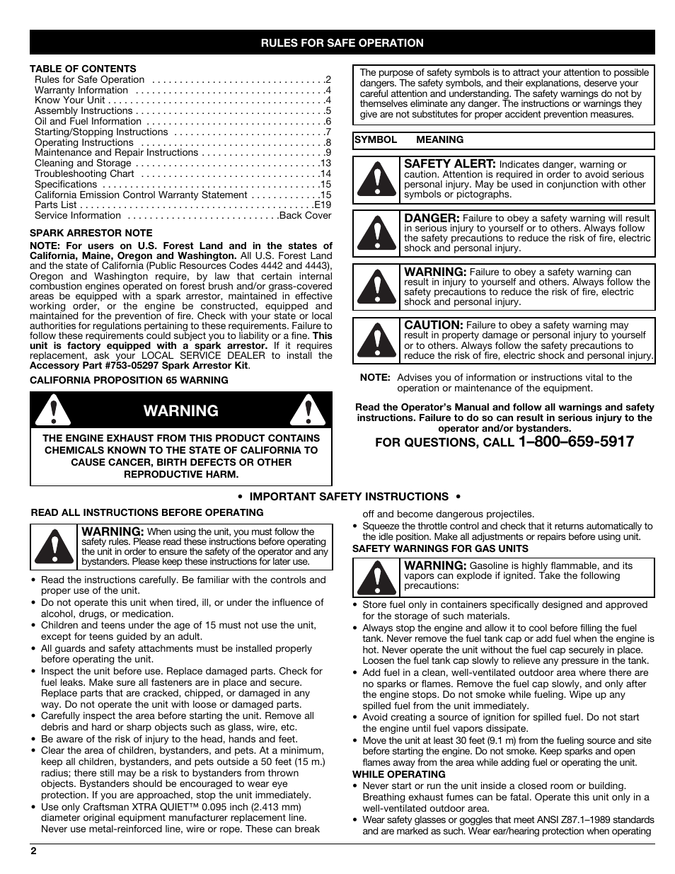 Warning | Craftsman 316.79191 User Manual | Page 2 / 40