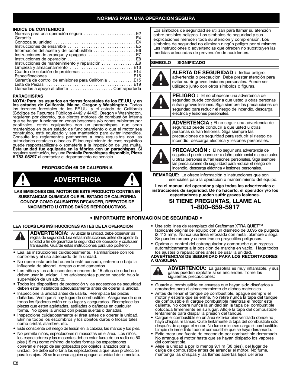 Advertencia, Si tiene preguntas, llame al | Craftsman 316.79191 User Manual | Page 20 / 40