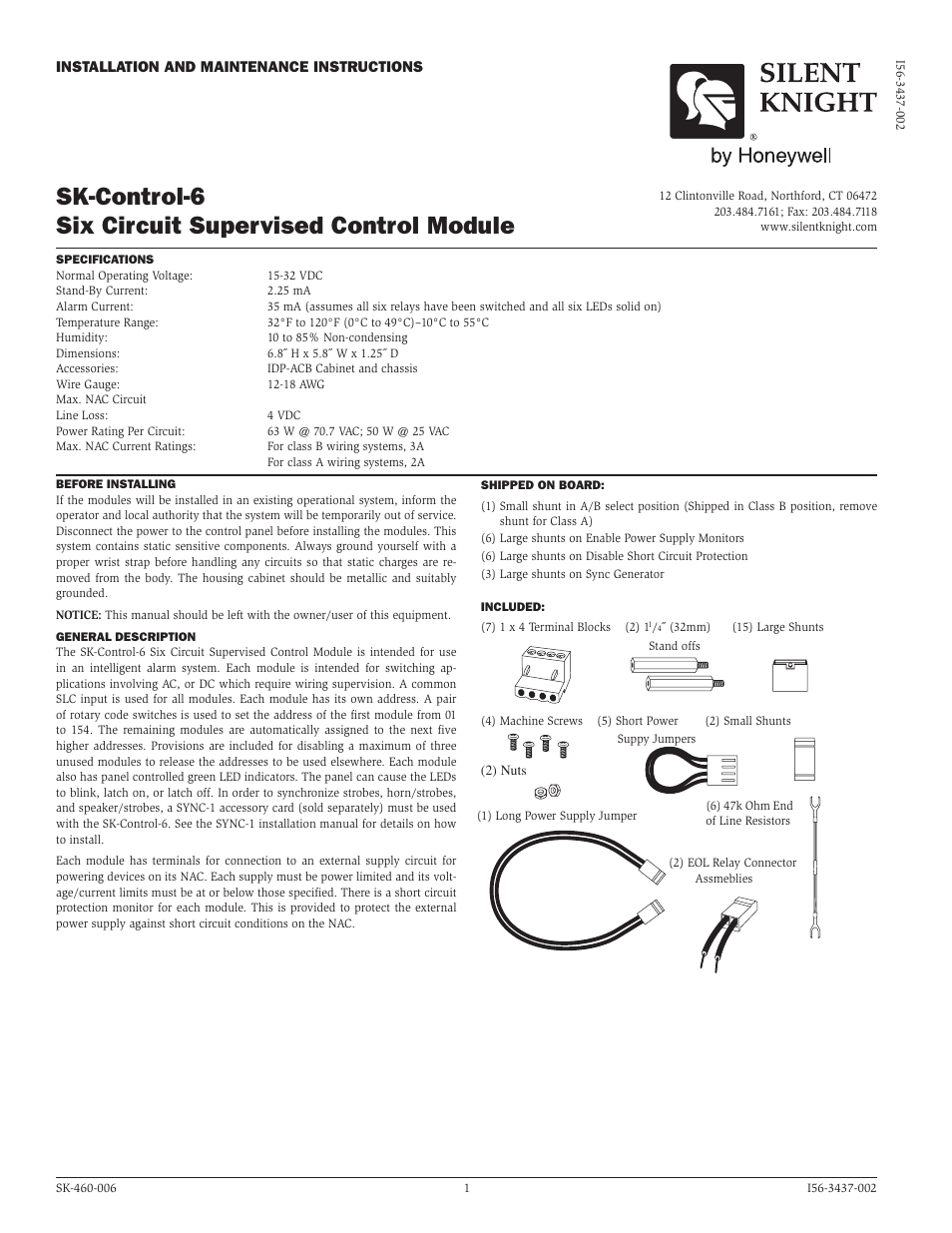 SilentKnight SK-Control-6 Six Circuit Notification Module User Manual | 6 pages