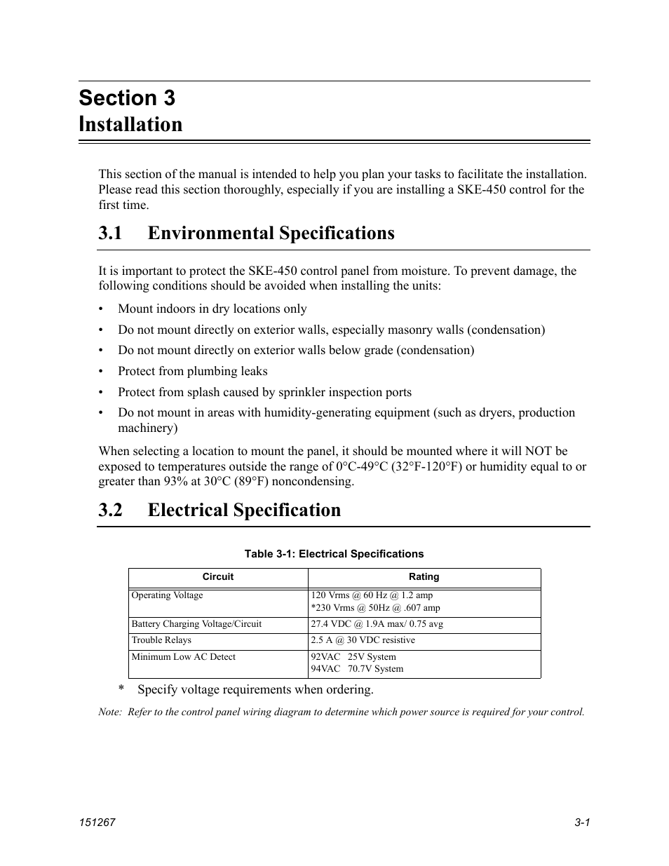 Section 3 installation, Environmental specifications -1, Electrical specification -1 | Section 3, 1 environmental specifications, 2 electrical specification | SilentKnight SKE-450 Voice Evacuation Control Panel User Manual | Page 11 / 76