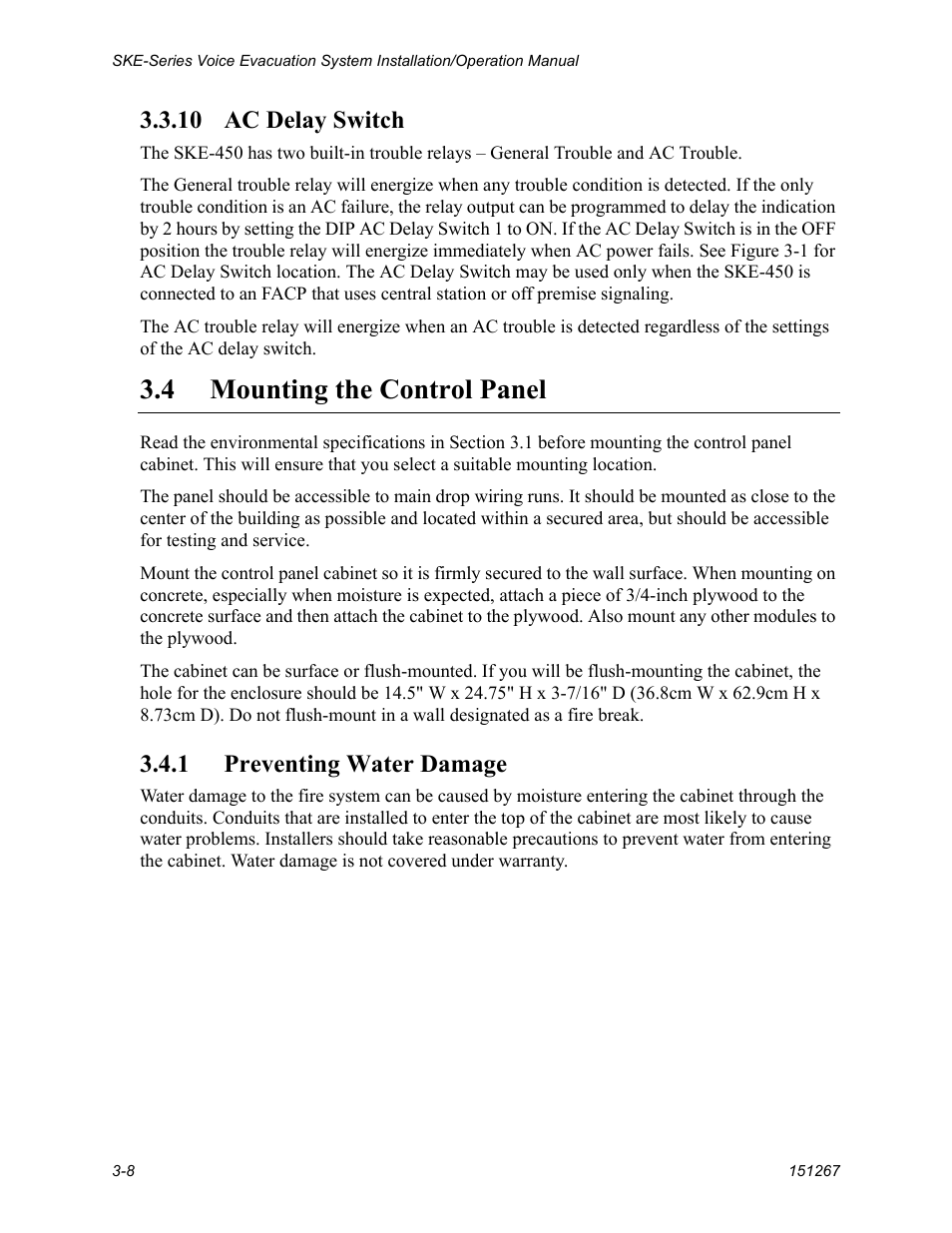 10 ac delay switch -8, Mounting the control panel -8, 1 preventing water damage -8 | 4 mounting the control panel, 10 ac delay switch, 1 preventing water damage | SilentKnight SKE-450 Voice Evacuation Control Panel User Manual | Page 18 / 76