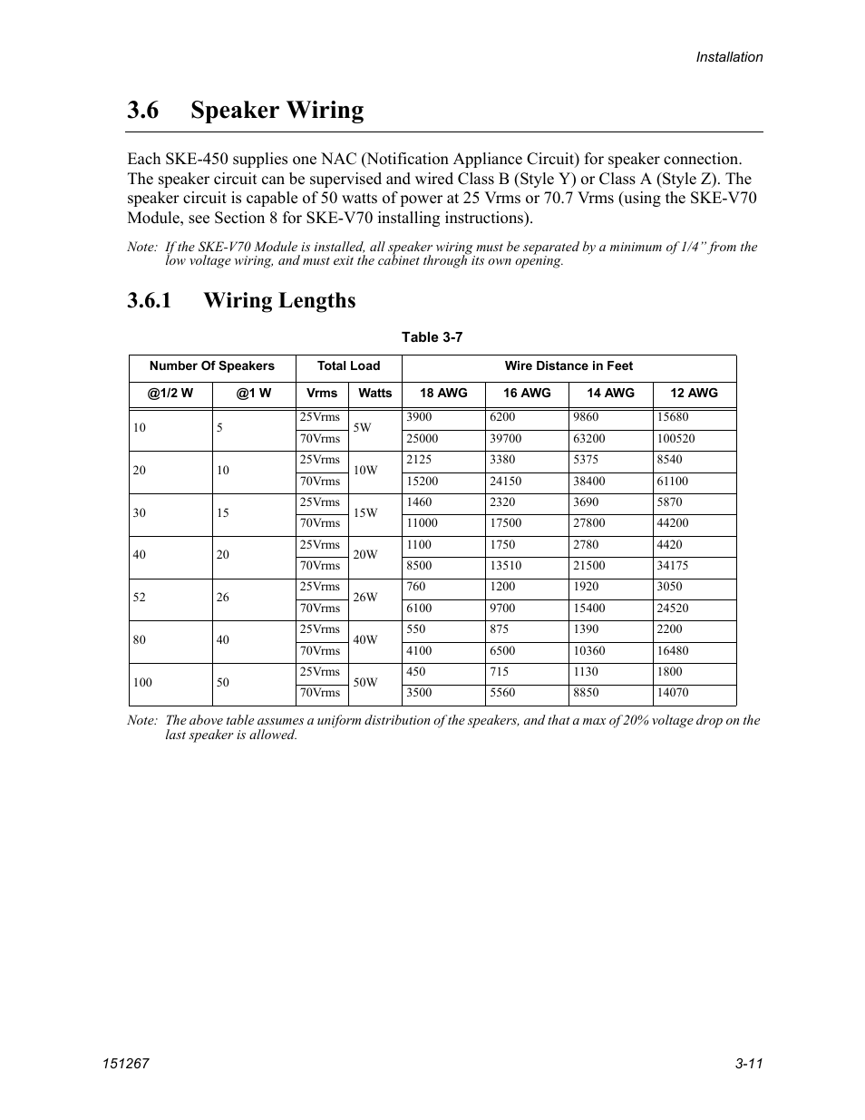 Speaker wiring -11, 1 wiring lengths -11, E sections 3.6 and 3.7 | 6 speaker wiring, 1 wiring lengths | SilentKnight SKE-450 Voice Evacuation Control Panel User Manual | Page 21 / 76