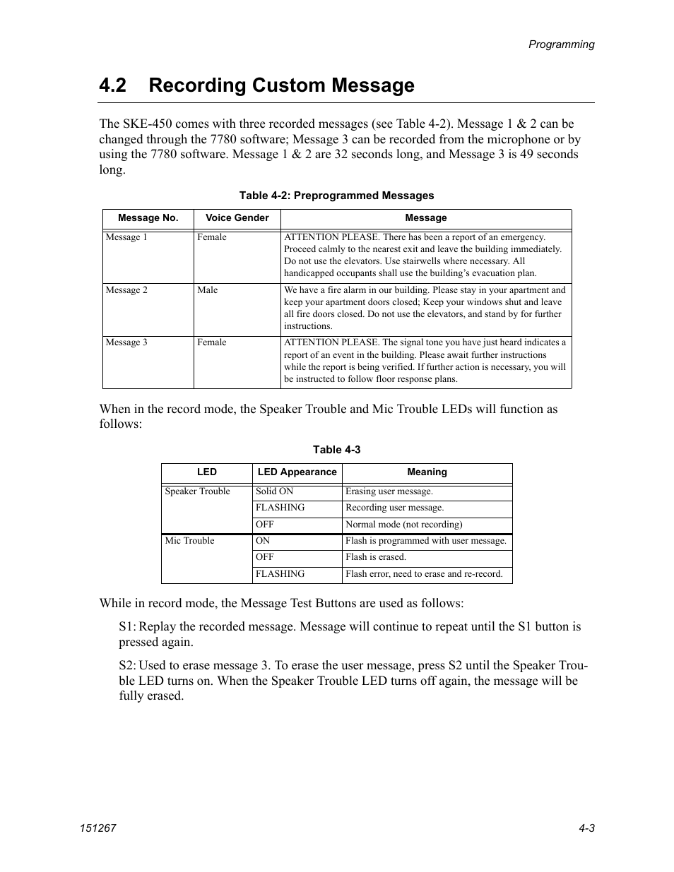 Recording custom message -3, Cmd button for 1 second. see section 4.2 for s1, 2 recording custom message | SilentKnight SKE-450 Voice Evacuation Control Panel User Manual | Page 31 / 76