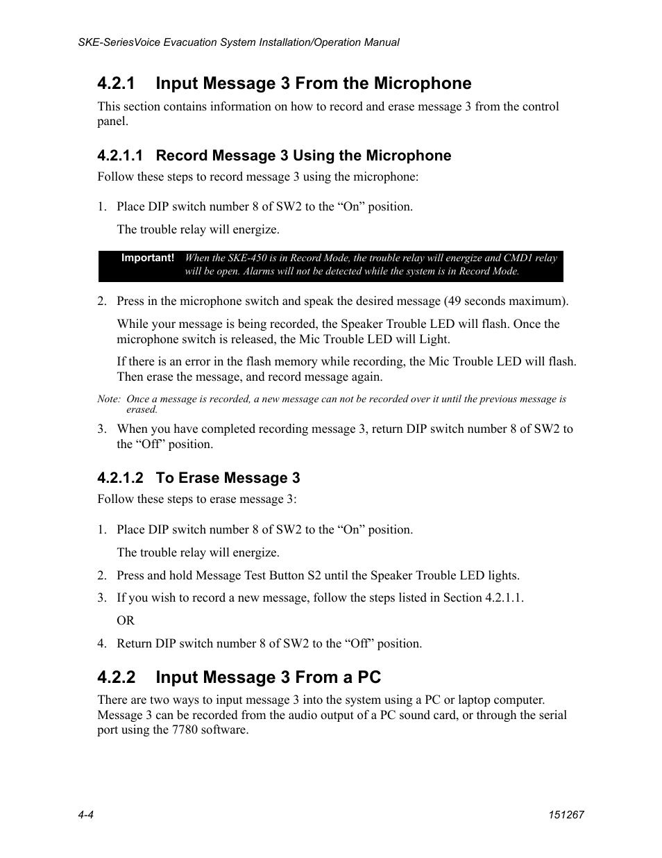 1 input message 3 from the microphone -4, 2 input message 3 from a pc -4, 1 input message 3 from the microphone | 2 input message 3 from a pc | SilentKnight SKE-450 Voice Evacuation Control Panel User Manual | Page 32 / 76