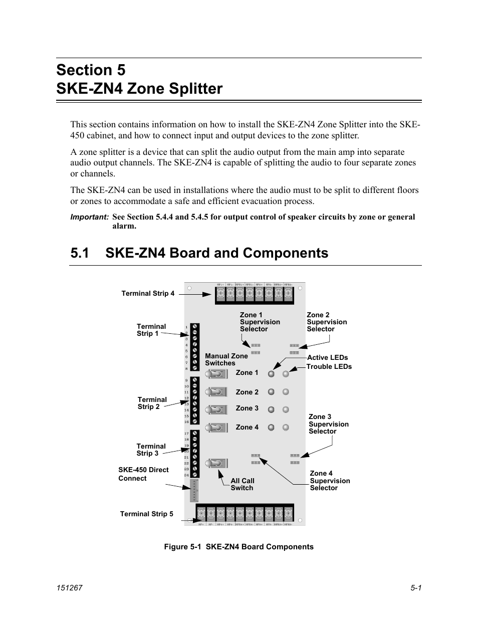 Section 5 ske-zn4 zone splitter, Ske-zn4 board and components -1, Section 5 | Section 5 for, 1 ske-zn4 board and components | SilentKnight SKE-450 Voice Evacuation Control Panel User Manual | Page 35 / 76