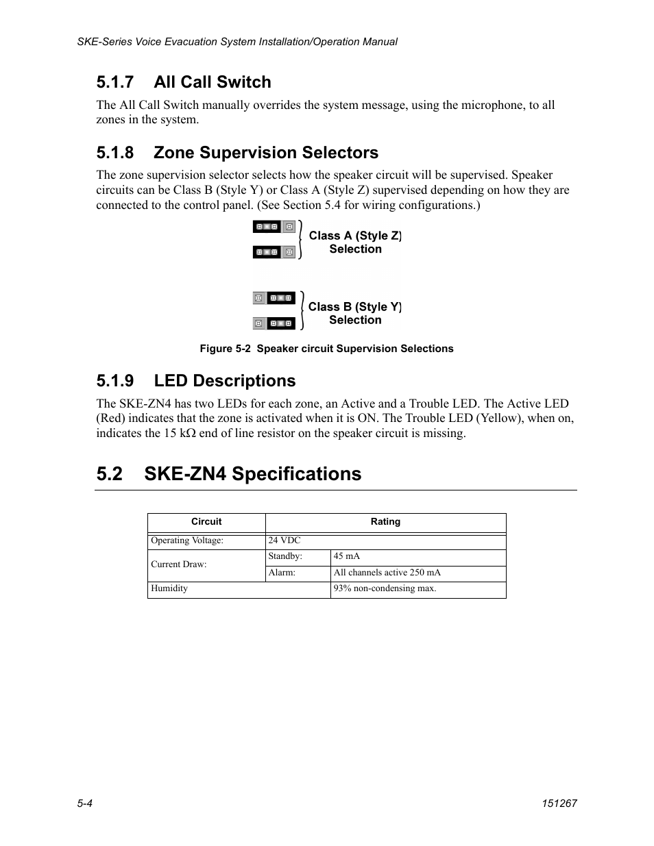 Ske-zn4 specifications -4, 2 ske-zn4 specifications, 7 all call switch | 8 zone supervision selectors, 9 led descriptions | SilentKnight SKE-450 Voice Evacuation Control Panel User Manual | Page 38 / 76