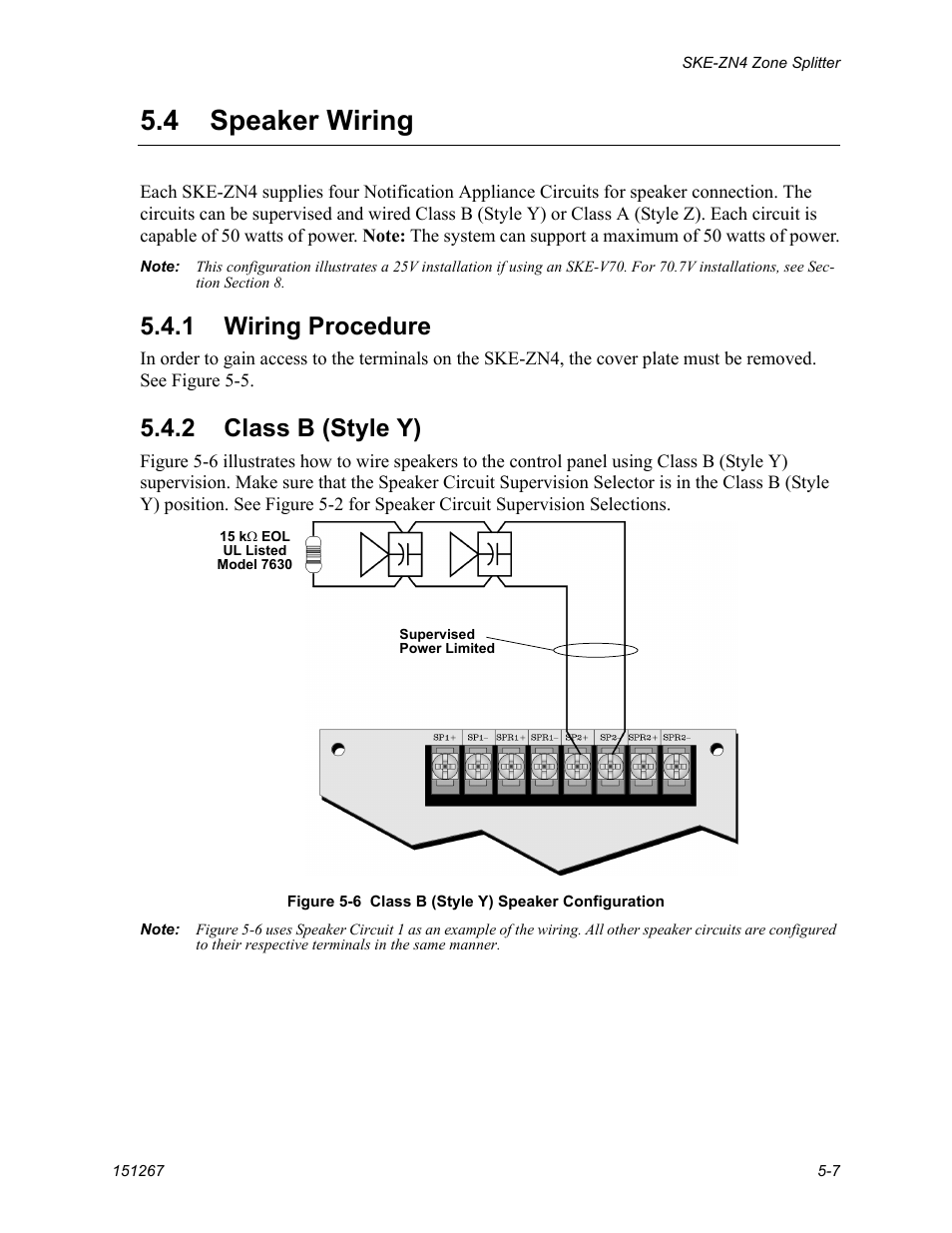 Speaker wiring -7, 1 wiring procedure -7 5.4.2 class b (style y) -7, 4 speaker wiring | 1 wiring procedure, 2 class b (style y) | SilentKnight SKE-450 Voice Evacuation Control Panel User Manual | Page 41 / 76