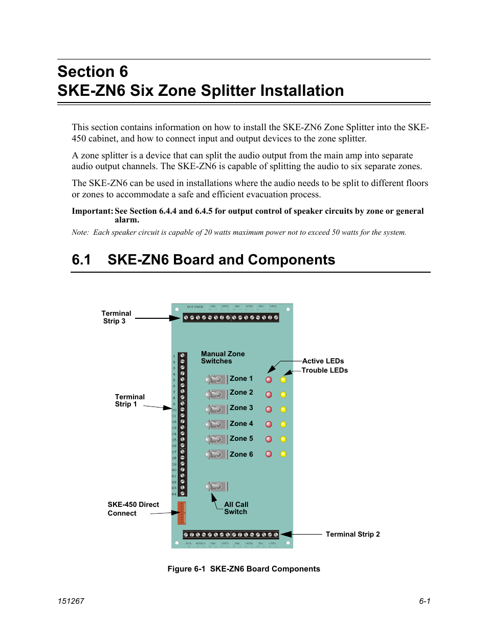Section 6 ske-zn6 six zone splitter installation, Ske-zn6 board and components -1, Section 6 | Section 6 for, 1 ske-zn6 board and components | SilentKnight SKE-450 Voice Evacuation Control Panel User Manual | Page 45 / 76