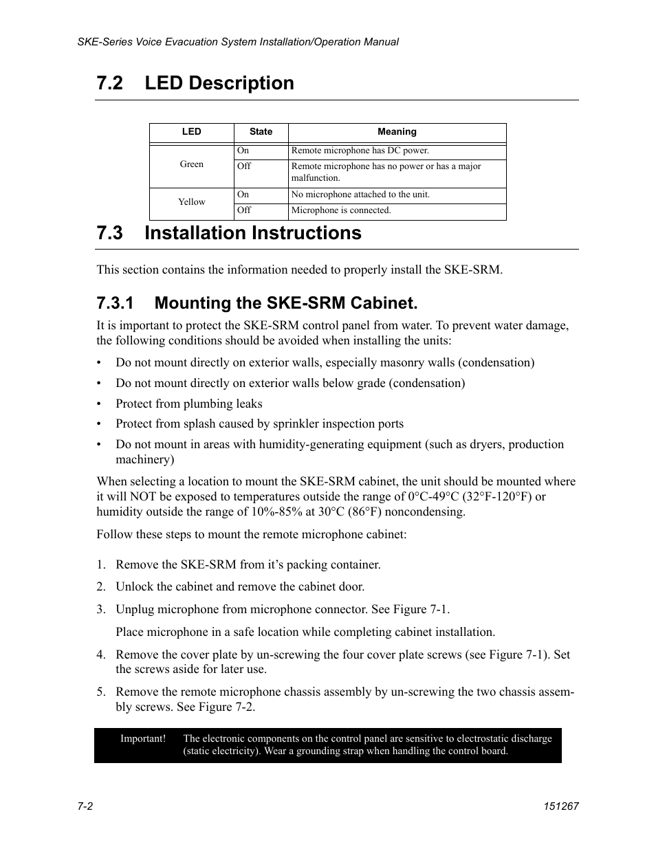 Led description -2, Installation instructions -2, 1 mounting the ske-srm cabinet -2 | 2 led description 7.3 installation instructions, 1 mounting the ske-srm cabinet | SilentKnight SKE-450 Voice Evacuation Control Panel User Manual | Page 56 / 76