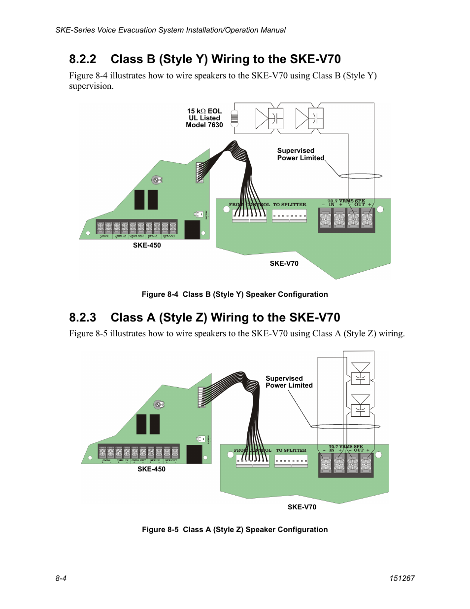 2 class b (style y) wiring to the ske-v70, 3 class a (style z) wiring to the ske-v70 | SilentKnight SKE-450 Voice Evacuation Control Panel User Manual | Page 64 / 76