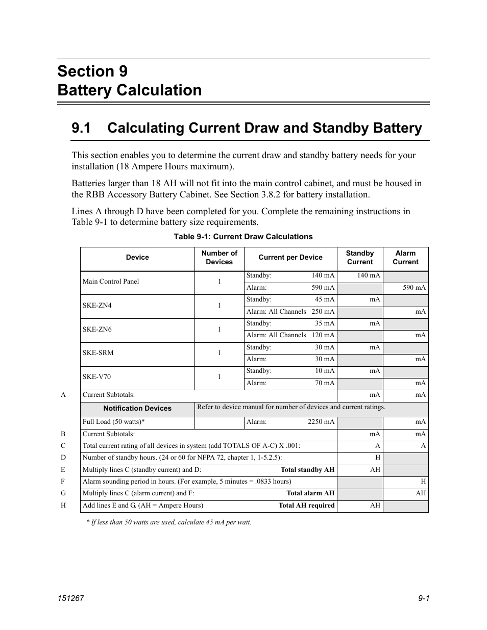 Section 9 battery calculation, Calculating current draw and standby battery -1, 1 calculating current draw and standby battery | SilentKnight SKE-450 Voice Evacuation Control Panel User Manual | Page 67 / 76