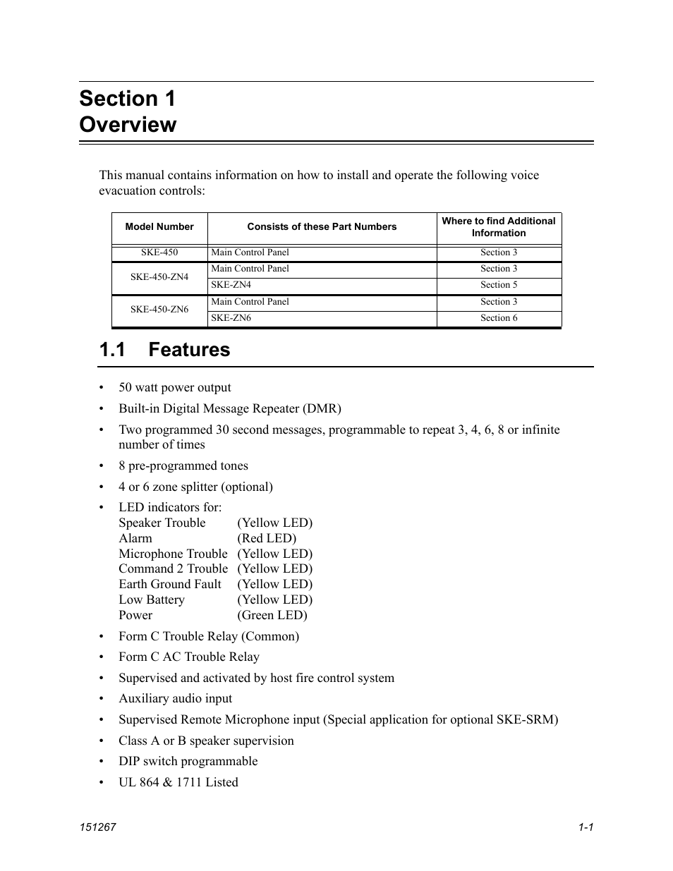 Section 1 overview, Features -1, 1 features | SilentKnight SKE-450 Voice Evacuation Control Panel User Manual | Page 7 / 76