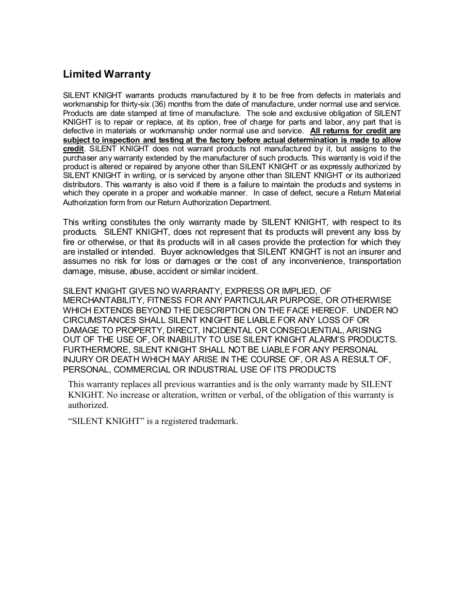 Limited warranty | SilentKnight SKE-450 Voice Evacuation Control Panel User Manual | Page 71 / 76