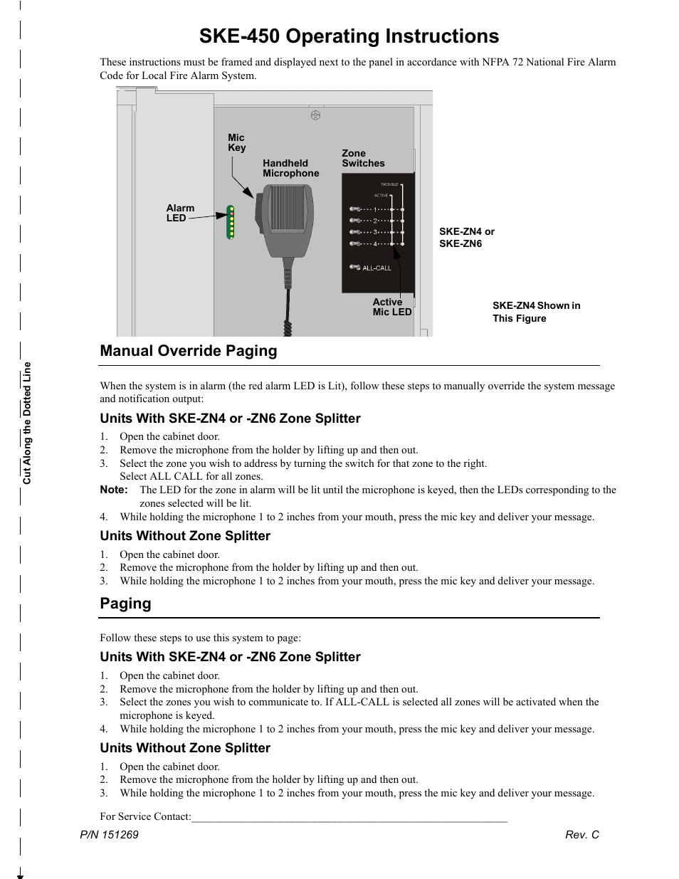 Ske-450 operating instructions, Manual override paging, Paging | SilentKnight SKE-450 Voice Evacuation Control Panel User Manual | Page 73 / 76