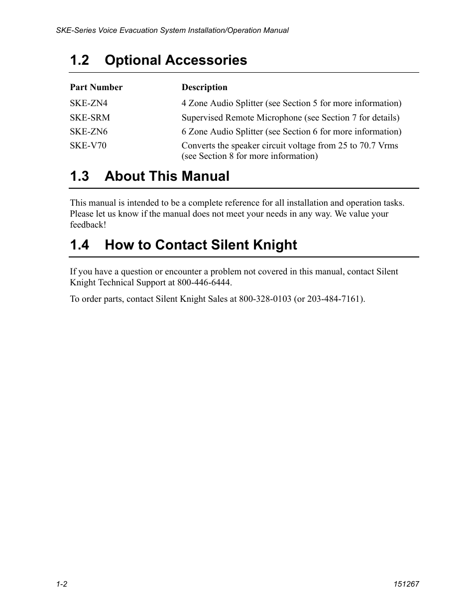 Optional accessories -2, About this manual -2, How to contact silent knight -2 | 2 optional accessories, 3 about this manual, 4 how to contact silent knight | SilentKnight SKE-450 Voice Evacuation Control Panel User Manual | Page 8 / 76