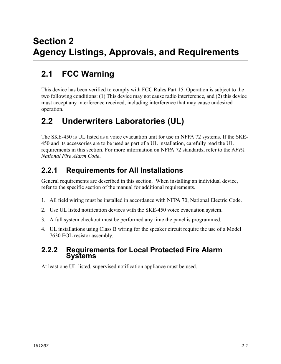 Fcc warning -1, Underwriters laboratories (ul) -1, 1 fcc warning | 2 underwriters laboratories (ul) | SilentKnight SKE-450 Voice Evacuation Control Panel User Manual | Page 9 / 76