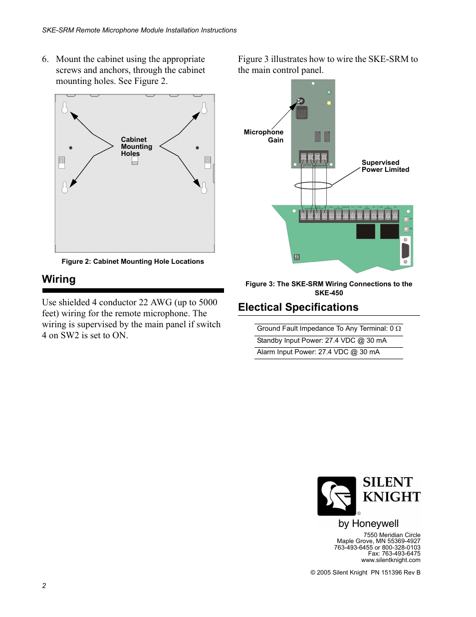 Wiring, Electical specifications | SilentKnight SKE-SRM Remote Microphone Module User Manual | Page 2 / 2