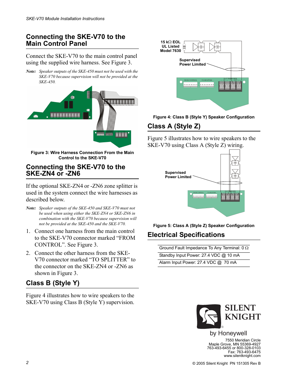 Silent knight, Connecting the ske-v70 to the main control panel, Connecting the ske-v70 to the ske-zn4 or -zn6 | Class b (style y), Class a (style z), Electrical specifications, By honeywell | SilentKnight SKE-V70 Module User Manual | Page 2 / 2
