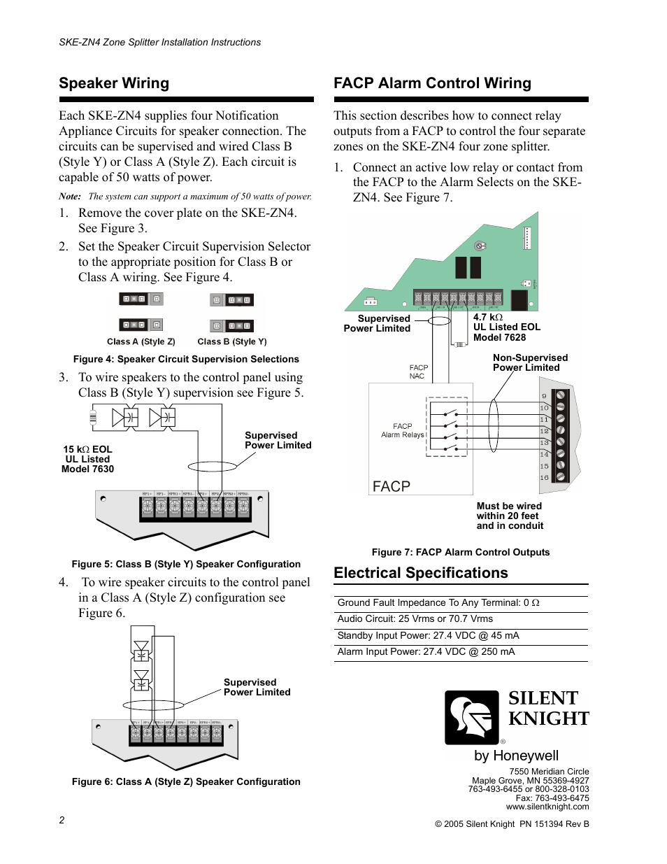 Speaker wiring, Facp alarm control wiring, Electrical specifications | SilentKnight SKE-ZN4 Zone Splitter User Manual | Page 2 / 2