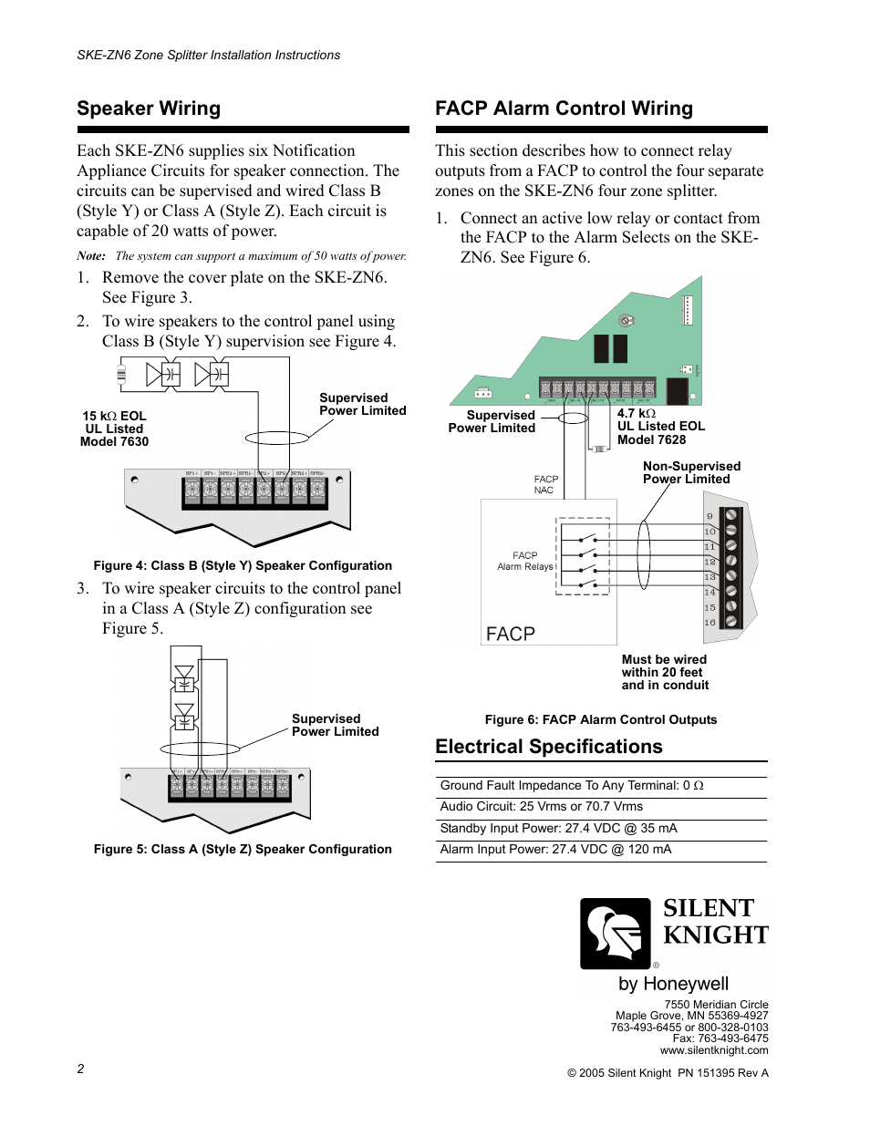 Speaker wiring, Facp alarm control wiring, Electrical specifications | SilentKnight SKE-ZN6 Zone Splitter User Manual | Page 2 / 2