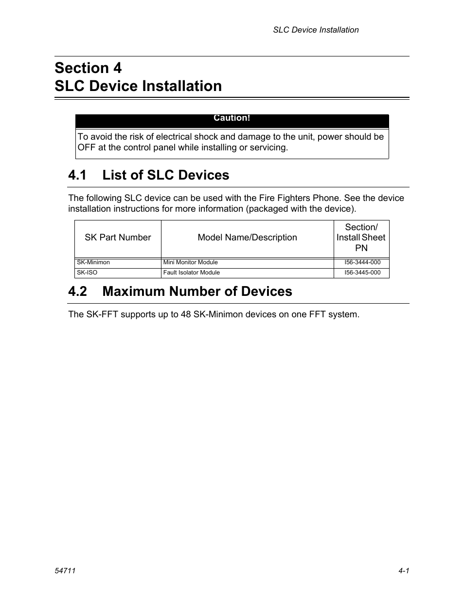 Section 4 slc device installation, 1 list of slc devices, 2 maximum number of devices | List of slc devices -1, Maximum number of devices -1 | SilentKnight SK-FFT User Manual | Page 29 / 58