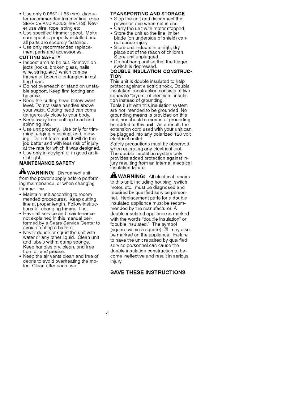 Cutting safety, Maintenance safety, Transporting and storage | Double insulation construction | Craftsman 358.745290 User Manual | Page 4 / 10