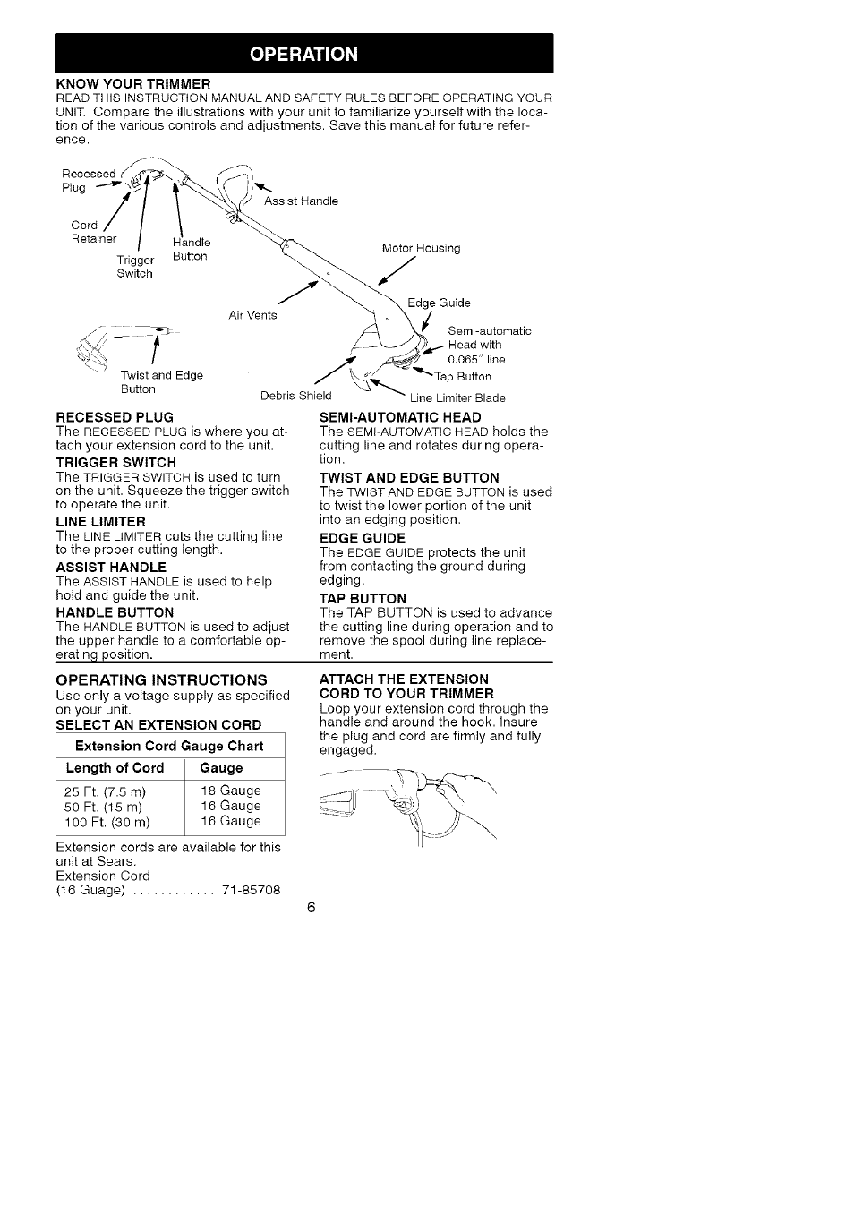 Recessed plug, Line limiter, Assist handle | Semi-automatic head, Twist and edge button, Edge guide, Tap button, Attach the extension cord to your trimmer, Operation, Operating instructions | Craftsman 358.745290 User Manual | Page 6 / 10