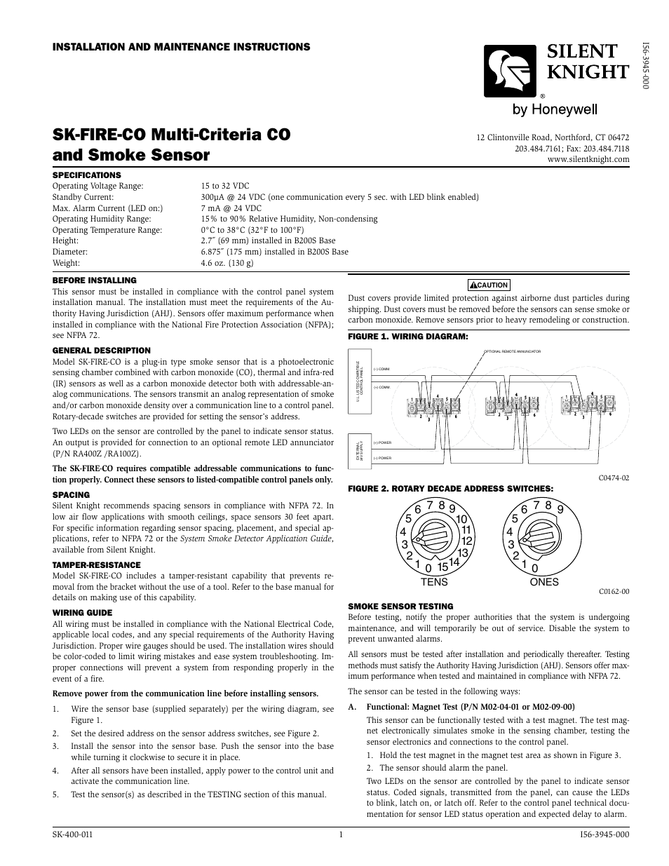 SilentKnight SK-Fire-CO Multi-Criteria CO and Smoke Sensor User Manual | 4 pages
