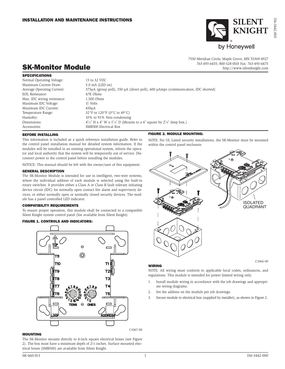 SilentKnight SK-Monitor Addressable Input Monitor Module User Manual | 2 pages