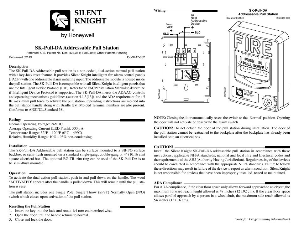 SilentKnight SK-Pull-DA Addressable Dual Action Pull Station User Manual | 2 pages
