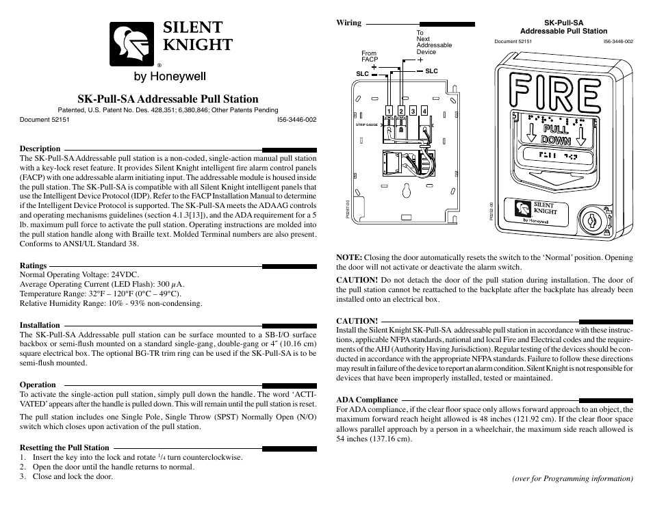 SilentKnight SK-Pull-SA Addressable Single Action Pull Station User Manual | 2 pages
