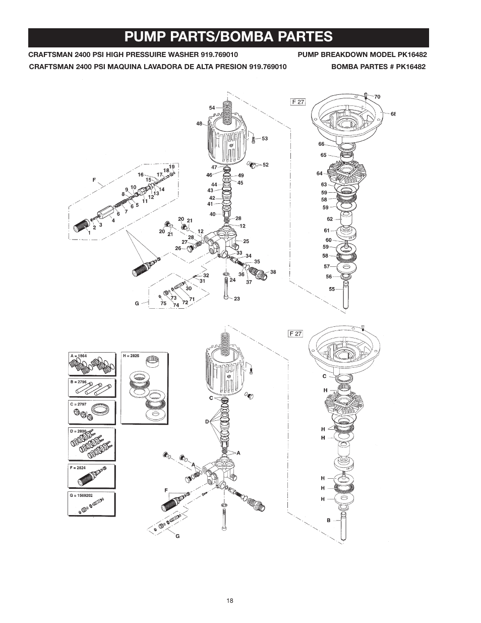 Pump parts/bomba partes | Craftsman MGP-769010 User Manual | Page 18 / 52