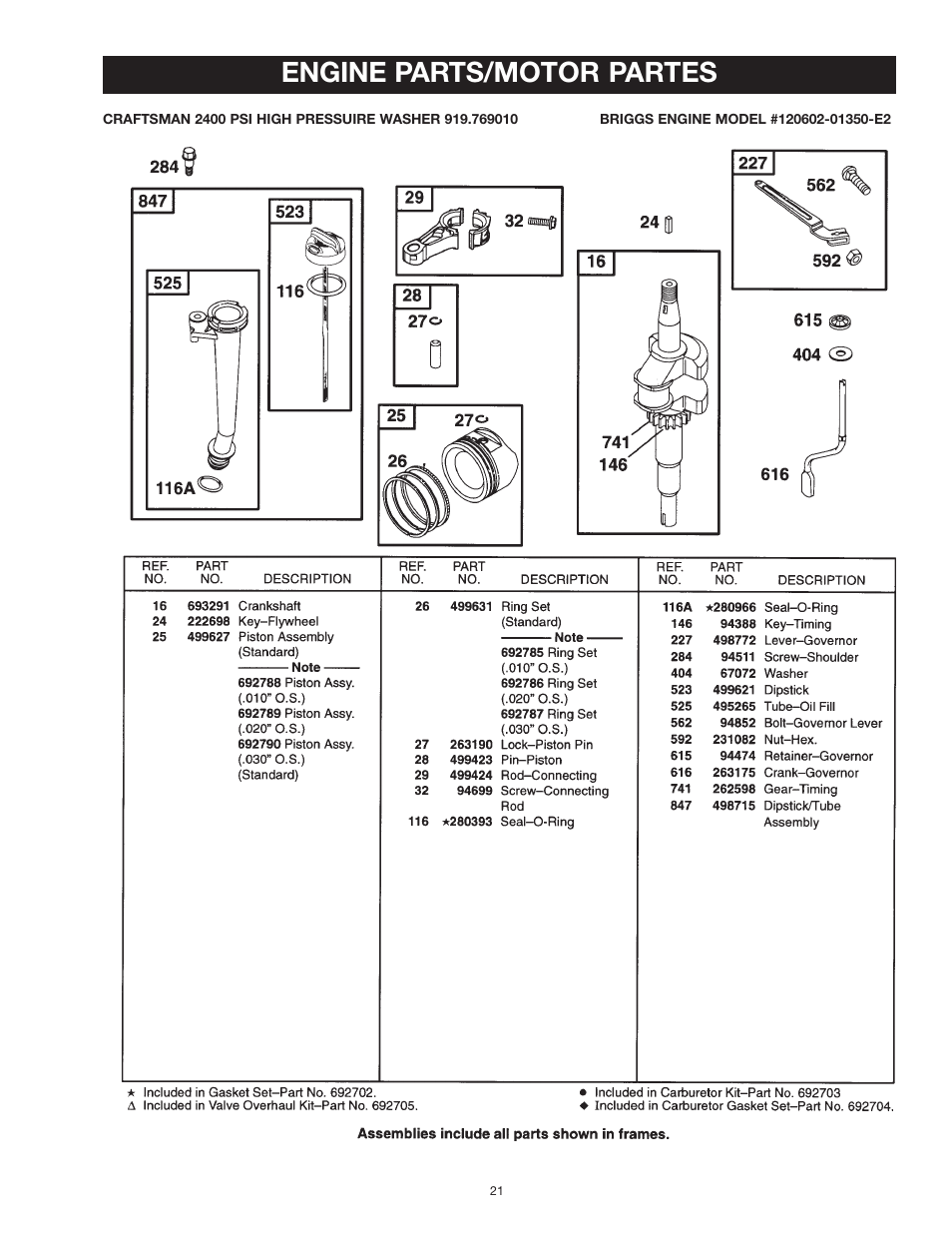 Engine parts/motor partes | Craftsman MGP-769010 User Manual | Page 21 / 52